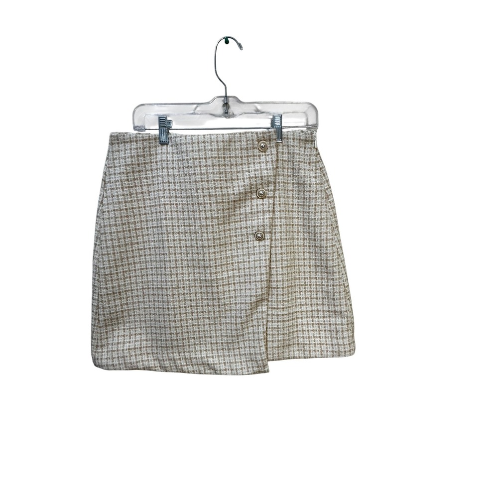 Tweed Houndstooth Mini Skirt Tan White Pearl Button Wrap Skort Style Large